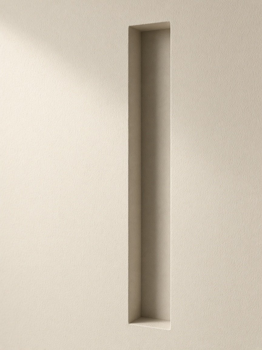 Deep recessed ivory architectural board under directional side light.